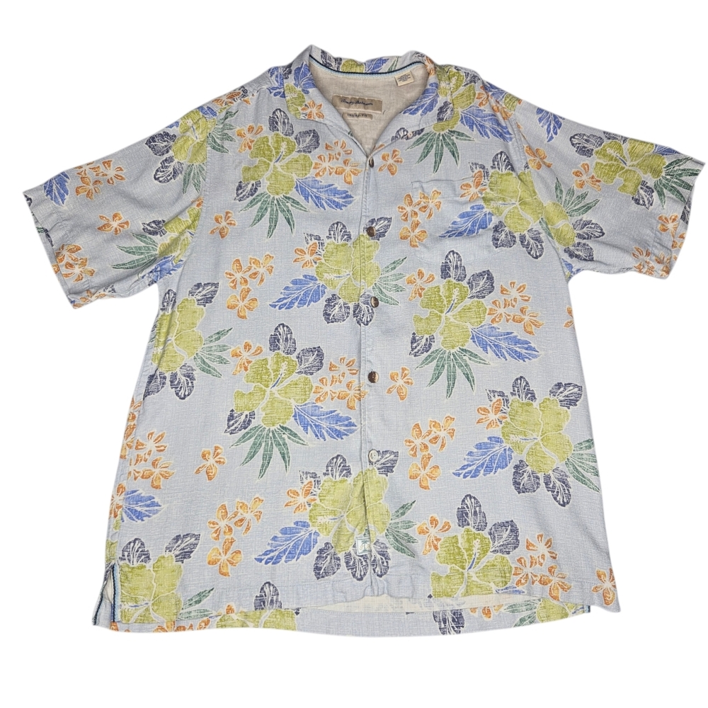 Tommy Bahama Men's Med Blue Hawaiian Silk Floral Camp ShirtResort Vacation